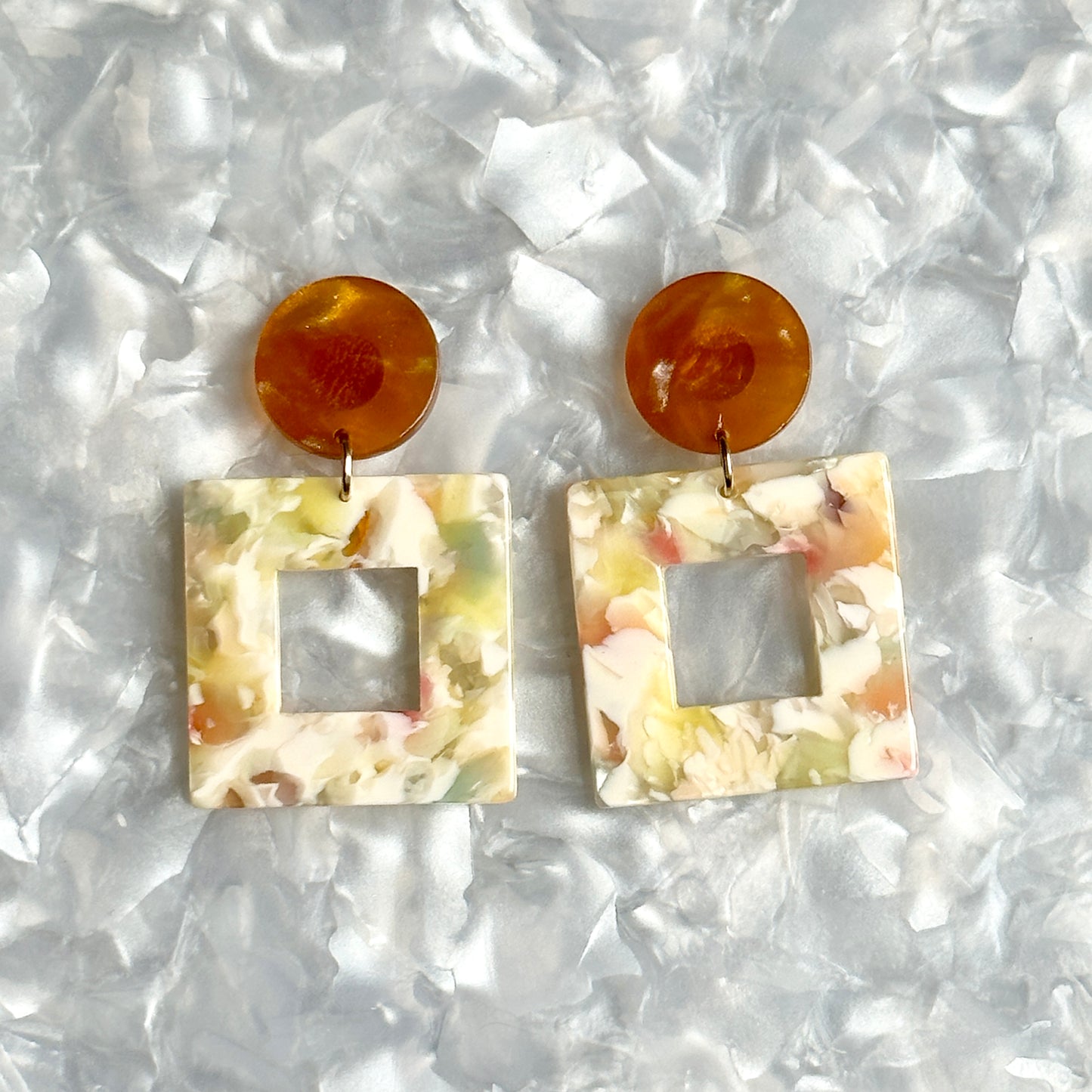 Acrylic Square Drop Earrings in All Fun and Games, yellow, cream, blue, green and brown 