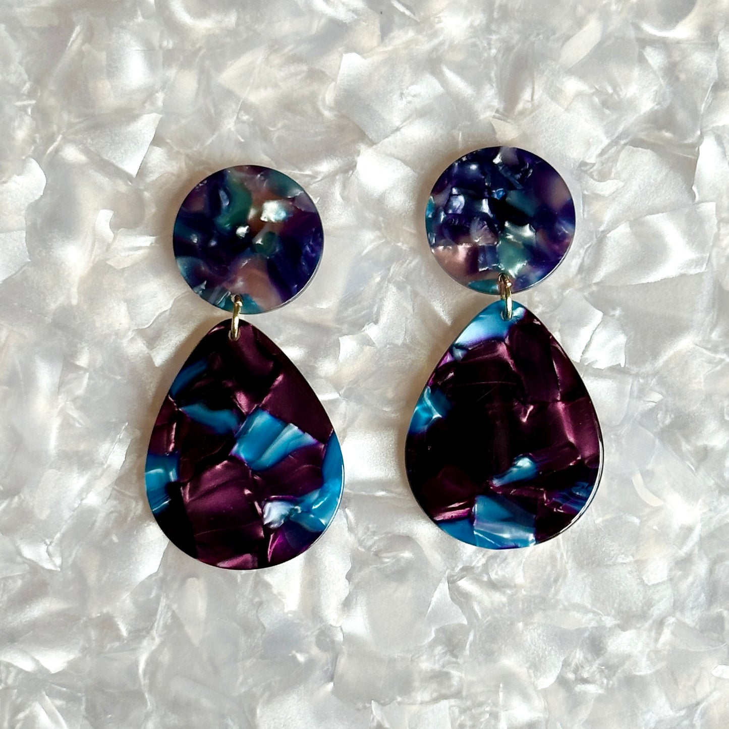 Acrylic Teardrop Earrings in Walking the Walk, deep blue and purple