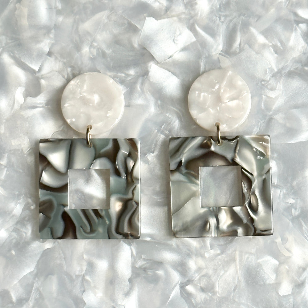 Small Acrylic Square Drop Earrings in Abalone, blue and gray 