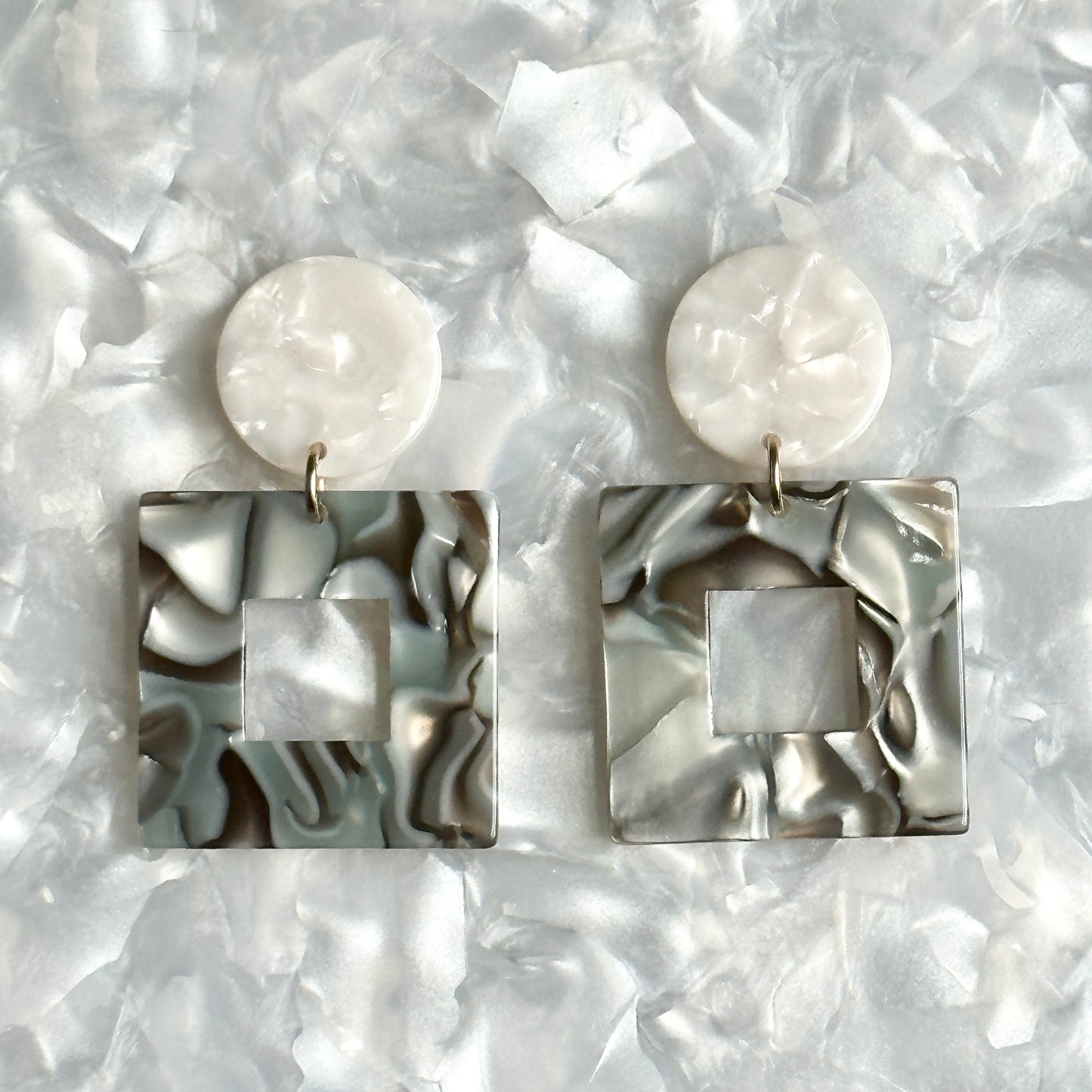 Small Acrylic Square Drop Earrings in Abalone, blue and gray 