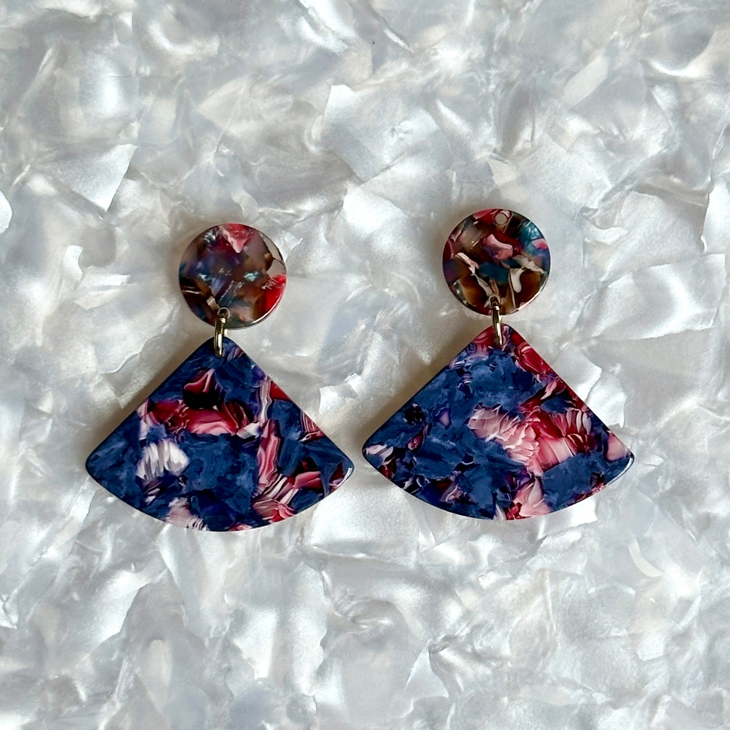 acrylic Fan Drop earring in brown, blue, pink and purple 