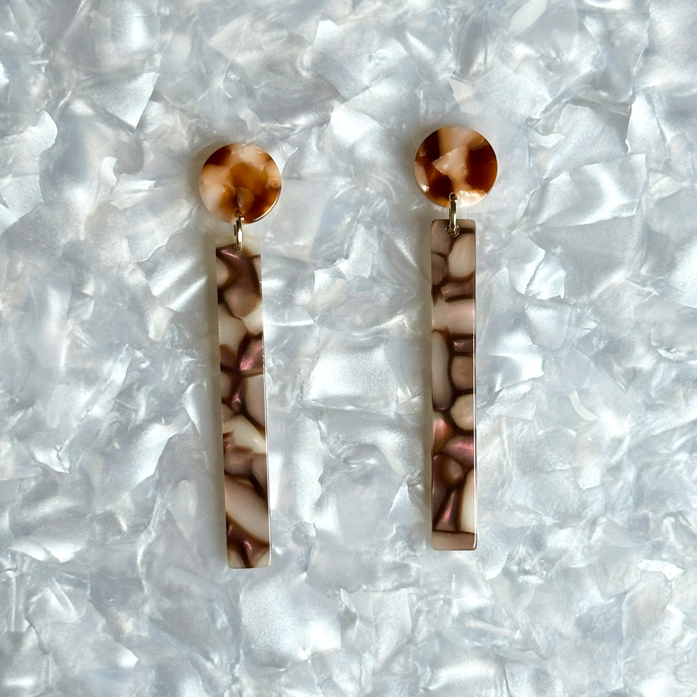 acrylic Matchstick Drop Earrings in Eggplant Crackle purple and brown