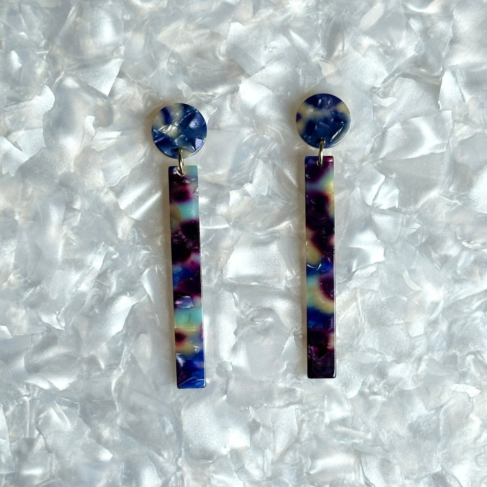 acrylic Matchstick Drop Earrings in Reign Check blue and purple
