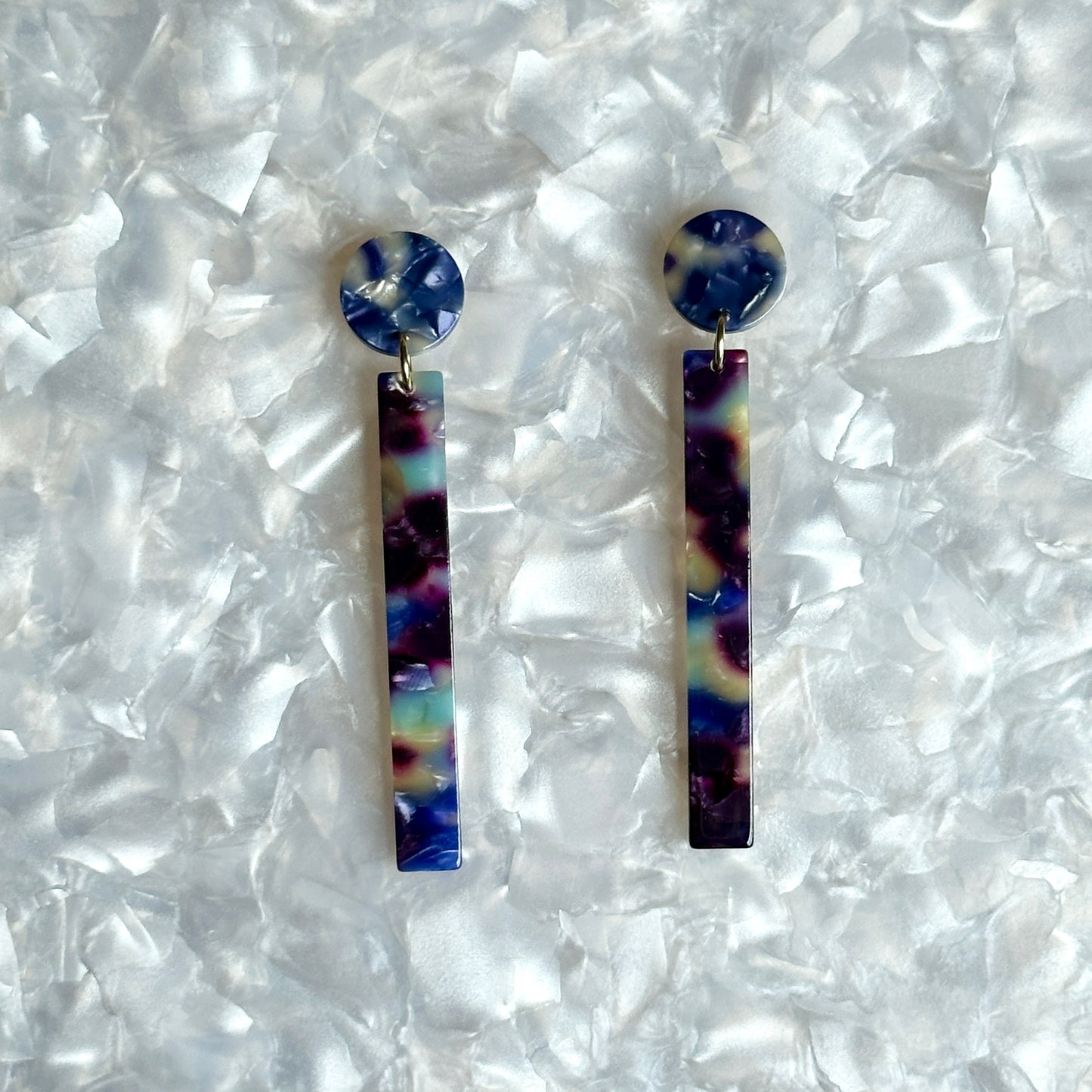 acrylic Matchstick Drop Earrings in Reign Check blue and purple