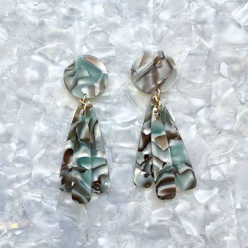 acrylic flower Petal Drop Earrings in Abalone gray and green