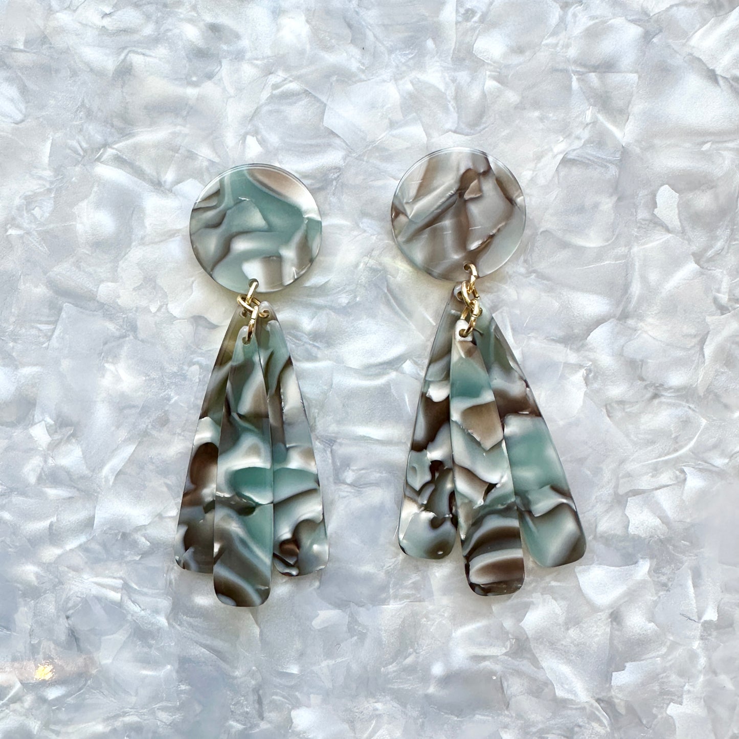 acrylic flower Petal Drop Earrings in Abalone gray and green