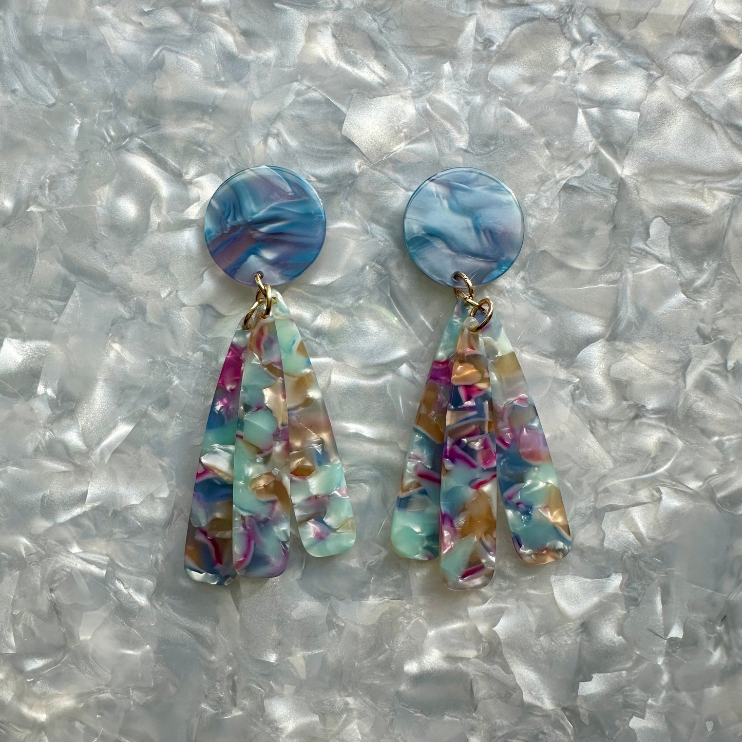 acrylic flower Petal Drop Earrings in blue, purple and pink